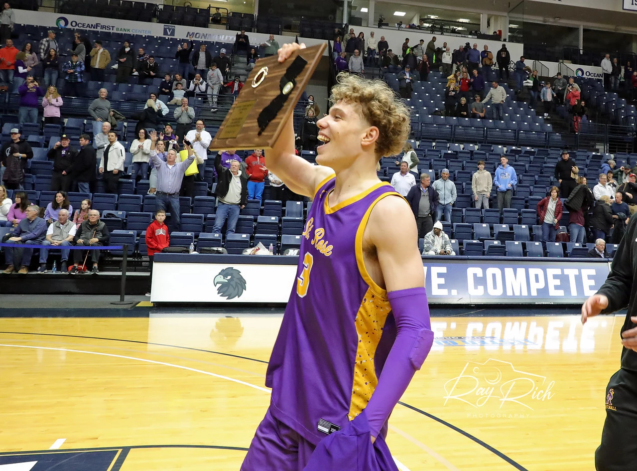 St. Rose senior Matt Hodge celebrates St. Rose's first ever Shore Conference Tournament championship. (Photo: Ray Rich Photography)