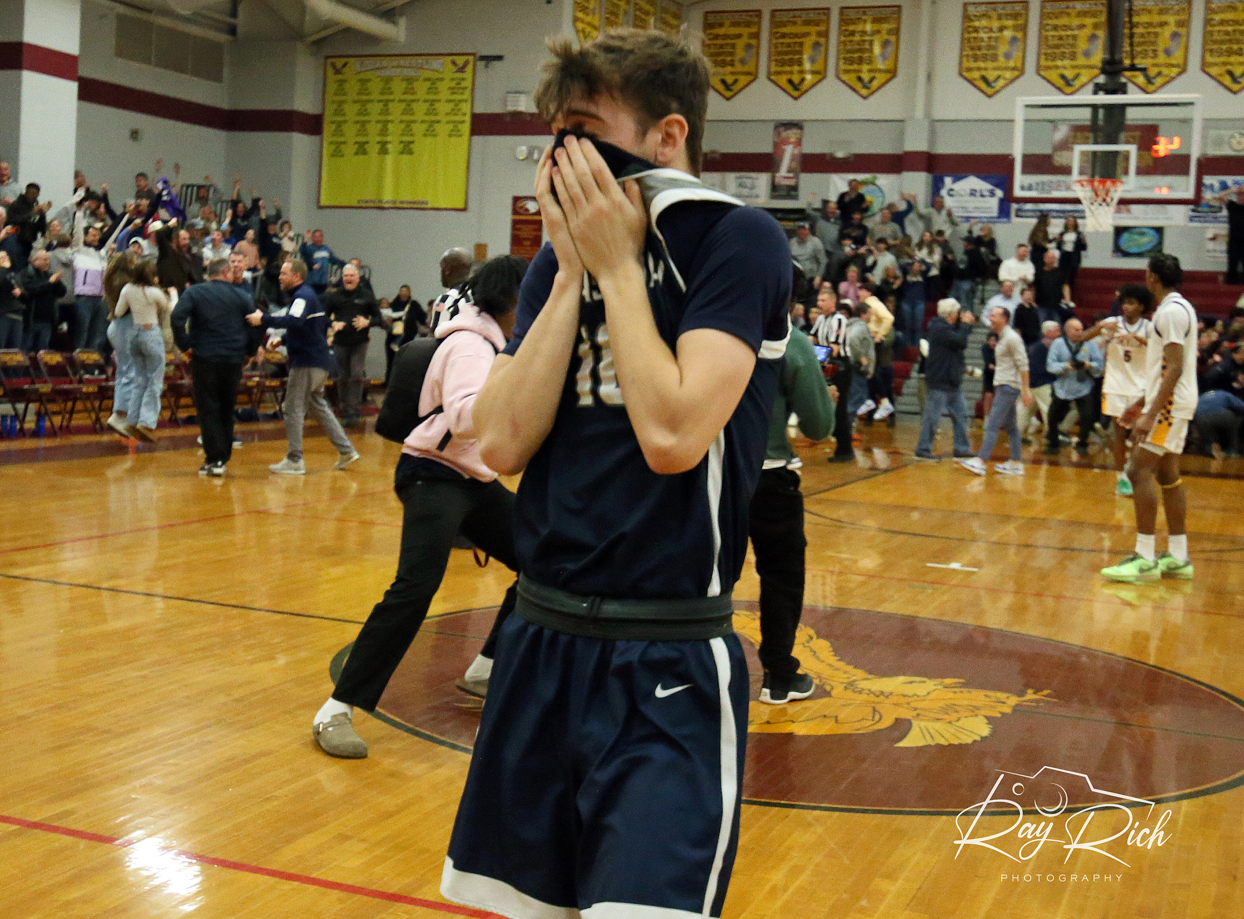 Manasquan senior Luke Roy reacts after finding out Manasquan's winning basket was overturned. (Photo by Ray Rich Photography)